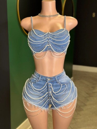 Pearl diamond chain denim camisole vest shorts set