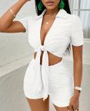 Texture collar set short sleeved lace up shorts