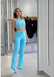 Waffle halter top, high waisted strap, tight fitting flared pants set