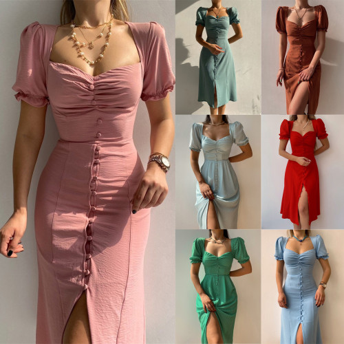 V-neck single breasted mid length dress