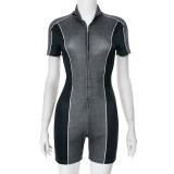 Color blocking zipper elastic sports flat angle jumpsuit