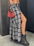 Irregular plaid patchwork split skirt
