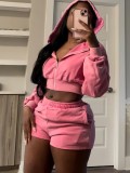 Zipper hooded long sleeved shorts sweatshirt set