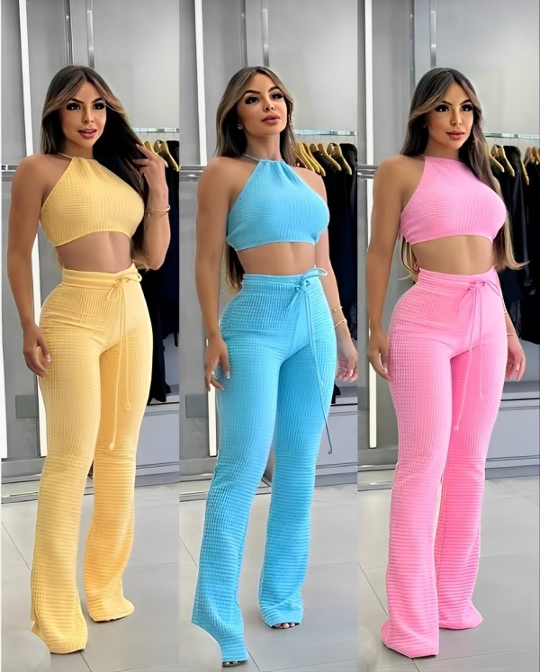 Waffle halter top, high waisted strap, tight fitting flared pants set