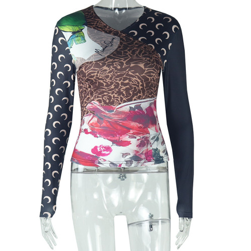 Printed patchwork V-neck long sleeved T-shirt