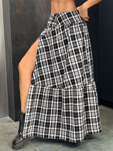 Irregular plaid patchwork split skirt