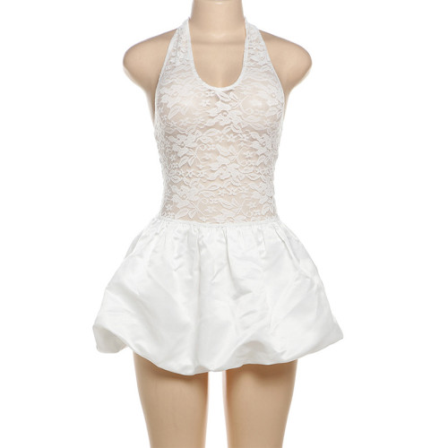 Hanging neck patchwork lace high waisted short skirt