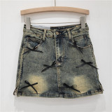 Bow tie denim skirt elastic A-line short skirt
