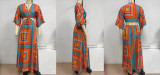 Color blocked five point batwing sleeve waist baring tied long skirt
