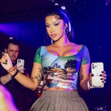 3D digital printed short sleeved U-shaped collar exposed navel T-shirt top