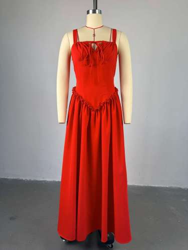 Lace up V-neck high waisted A-line jumpsuit long dress