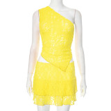 Lace sloping shoulder backless one-piece top and short skirt