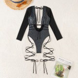 Long sleeved one-piece swimsuit with lace up and hollowed out backless bikini