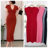 V-neck sleeve front shoulder cinched knit dress