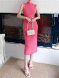 Core spun sleeveless shoulder over knee vest skirt with inner layer and dress