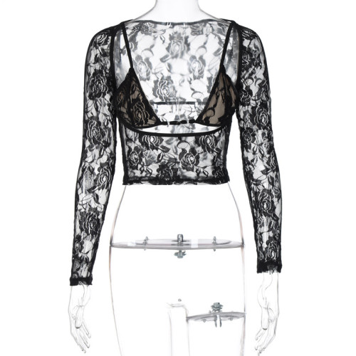 Slim fit hollow lace collarless tight fitting T-shirt