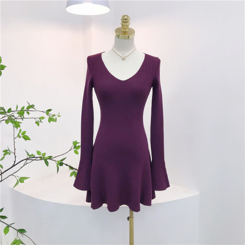 V-neck solid color pit stripe flared sleeve waist cinched A-line skirt