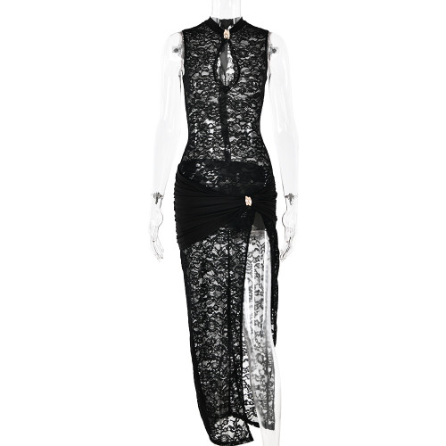 Lace hollowed out high slit sleeveless dress