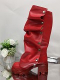 Large high heels, thick heels, round toe metal rivets, knee high boots
