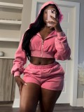 Zipper hooded long sleeved shorts sweatshirt set