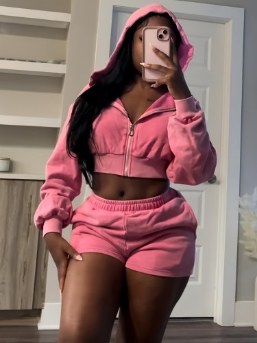 Zipper hooded long sleeved shorts sweatshirt set