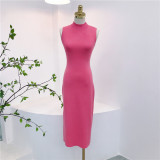 Core spun sleeveless shoulder over knee vest skirt with inner layer and dress