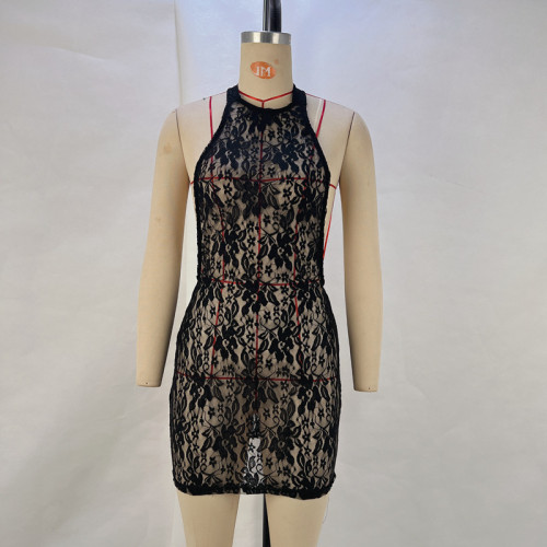 Lace see through neck hanging, exposed backpack, hip dress