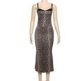 Panther leopard print high waisted hip hugging dress with suspenders