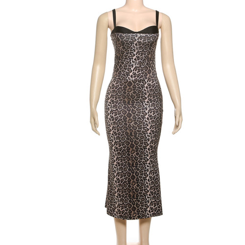 Panther leopard print high waisted hip hugging dress with suspenders