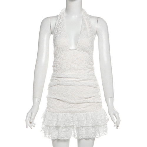 Hanging neck lace patchwork bag hip exposed back dress