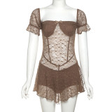 Mesh splicing perspective high waisted dress