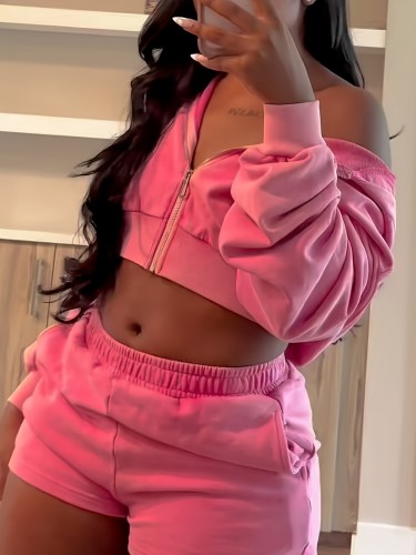 Zipper hooded long sleeved shorts sweatshirt set