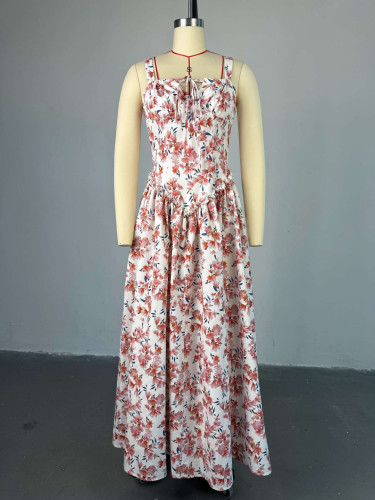 Lace up V-neck high waisted A-line jumpsuit long dress