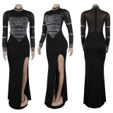 Hot stamping, perspective splicing, split elastic dress