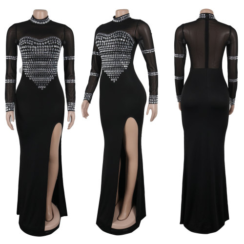 Hot stamping, perspective splicing, split elastic dress