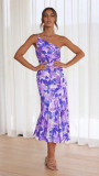 Slanted collar suspender fish tail print dress