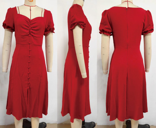 V-neck single breasted mid length dress