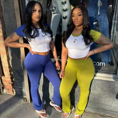 Color blocking short sleeved T-shirt long pants two-piece set