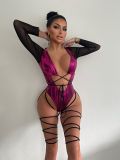 Long sleeved one-piece swimsuit with lace up and hollowed out backless bikini