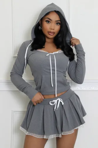 Lace patchwork short hooded sweatshirt half skirt two-piece set