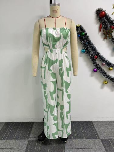 Skincare and drawstring printed wide leg jumpsuit