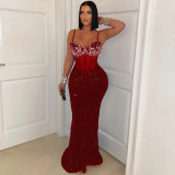 Velvet sequin rhinestone suspender dress, hip hugging long skirt