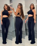 Waffle halter top, high waisted strap, tight fitting flared pants set