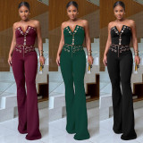 Slim fit elastic chicken eye metal buckle V-neck two-piece set