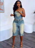 Hairy edge chest wrapped top, high waisted denim shorts set