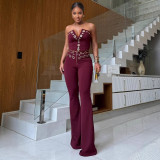 Slim fit elastic chicken eye metal buckle V-neck two-piece set