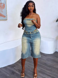 Hairy edge chest wrapped top, high waisted denim shorts set