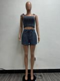 Strapless slim fit elastic denim two-piece set