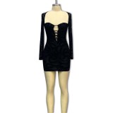 Long sleeved hip hugging short skirt, plush lace see through dress