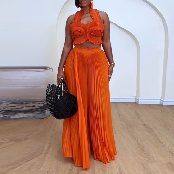 Hanging neck ruffled strapless high waisted pleated wide leg pants